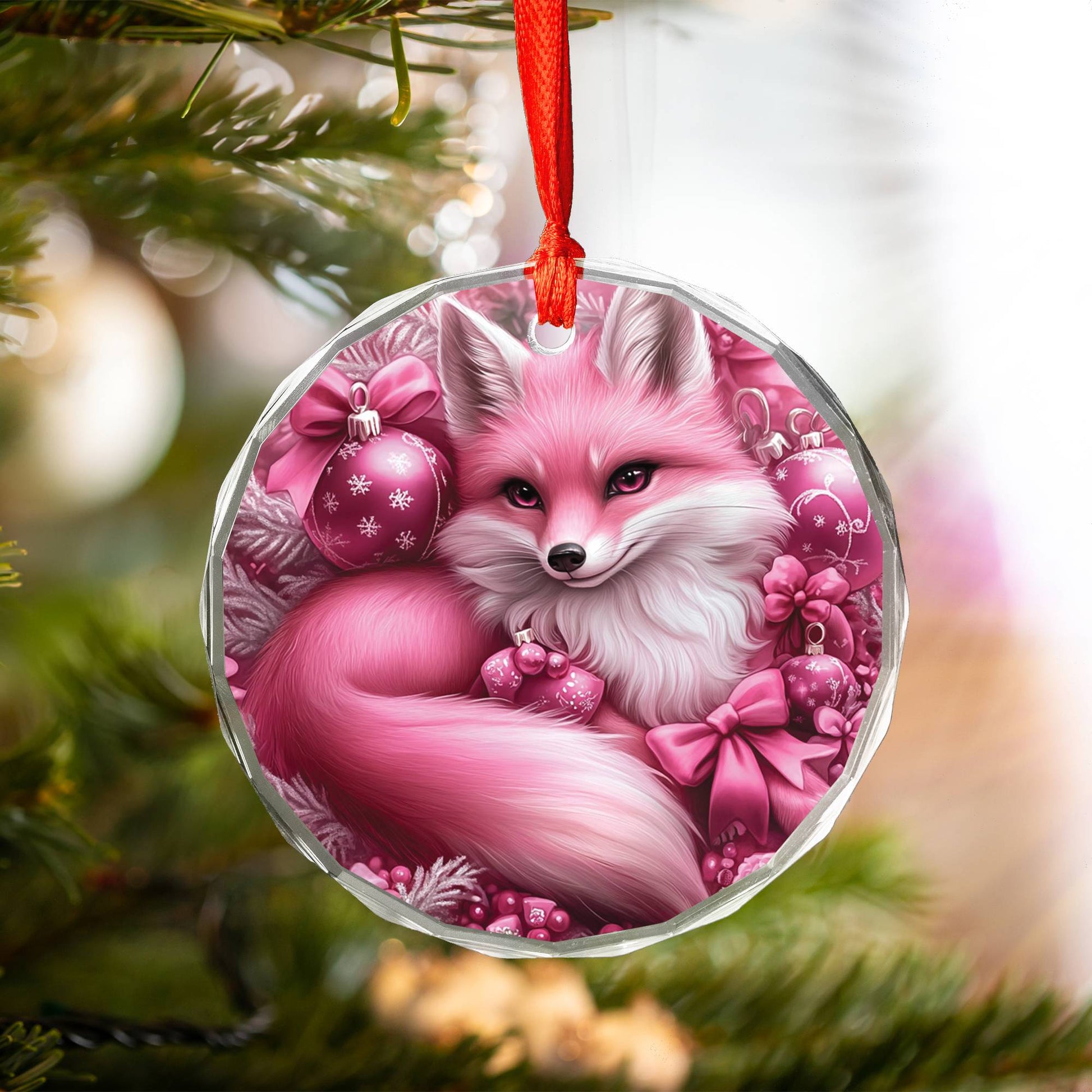 Fox Pink Christmas Design 4 Glass Ornament