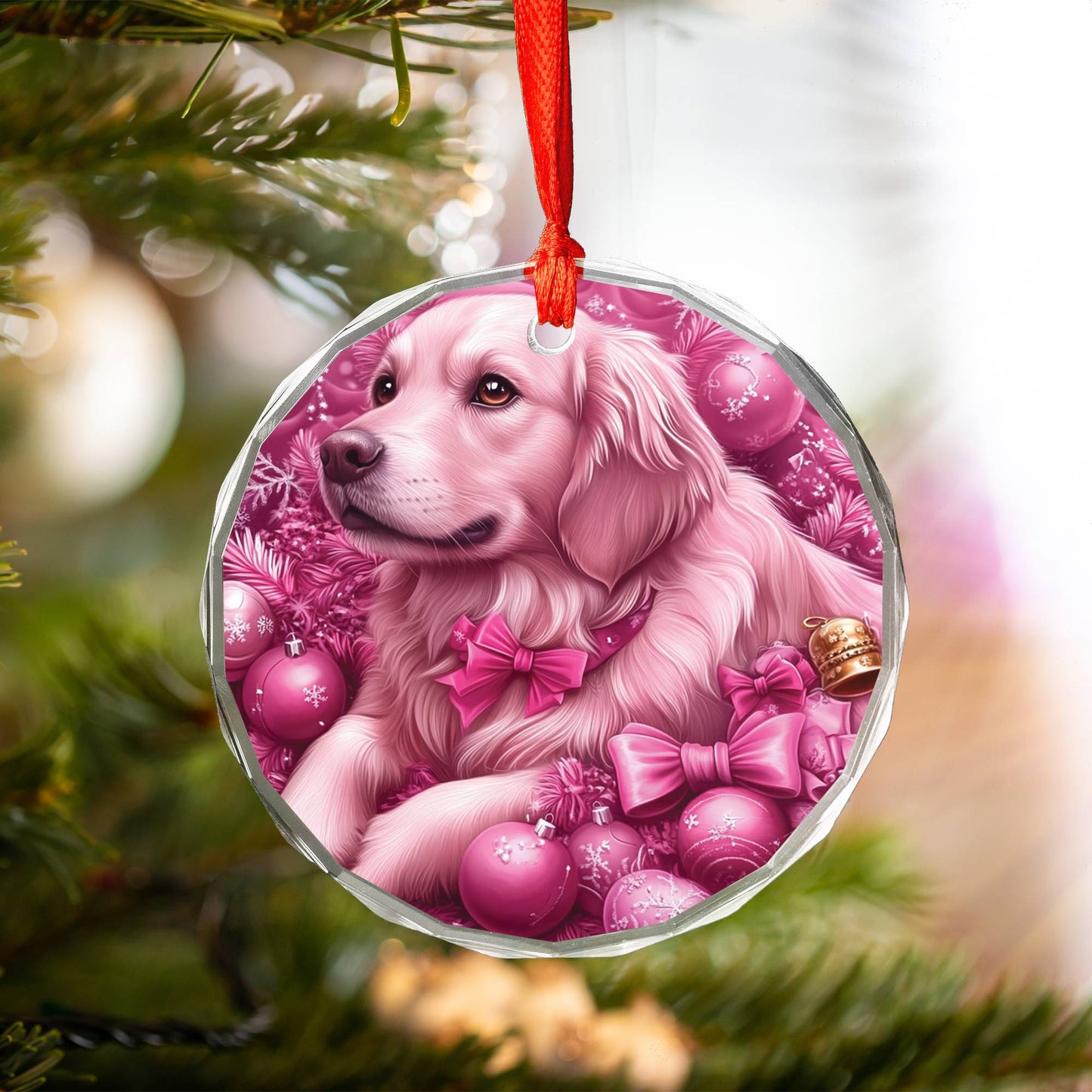 Golden Retriever Dog Pink Christmas Design 3 Glass Ornament