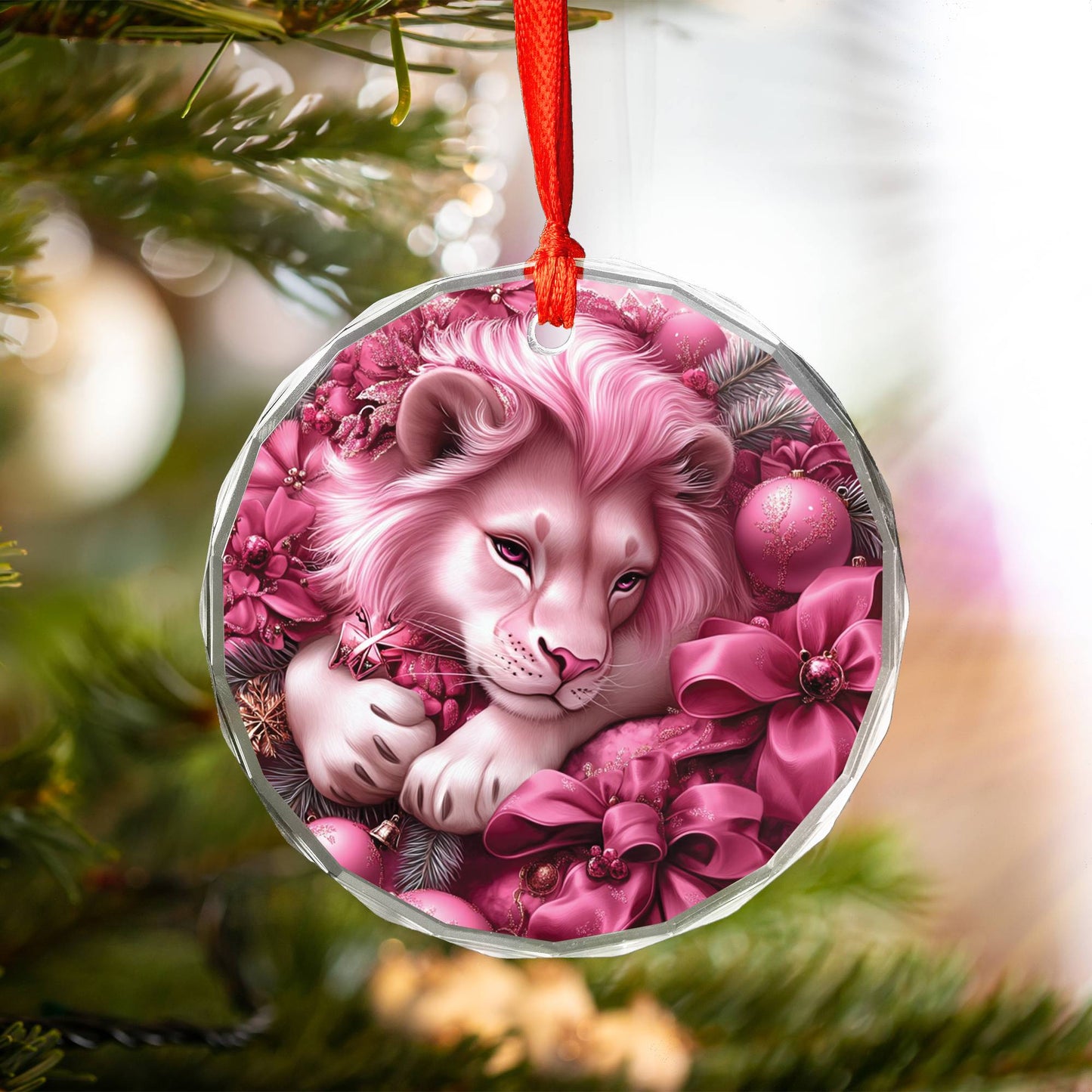 Lion Pink Christmas Design 4 Glass Ornament