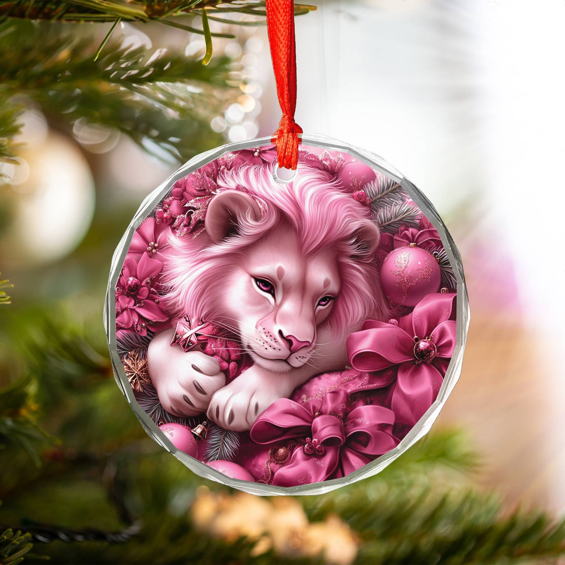 Lion Pink Christmas Design 4 Glass Ornament