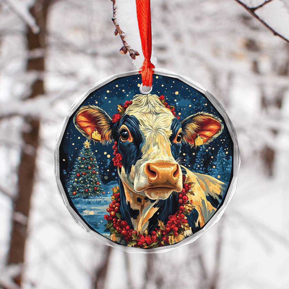 Beautiful Dairy Cow Christmas Night Design 2 Glass Ornament