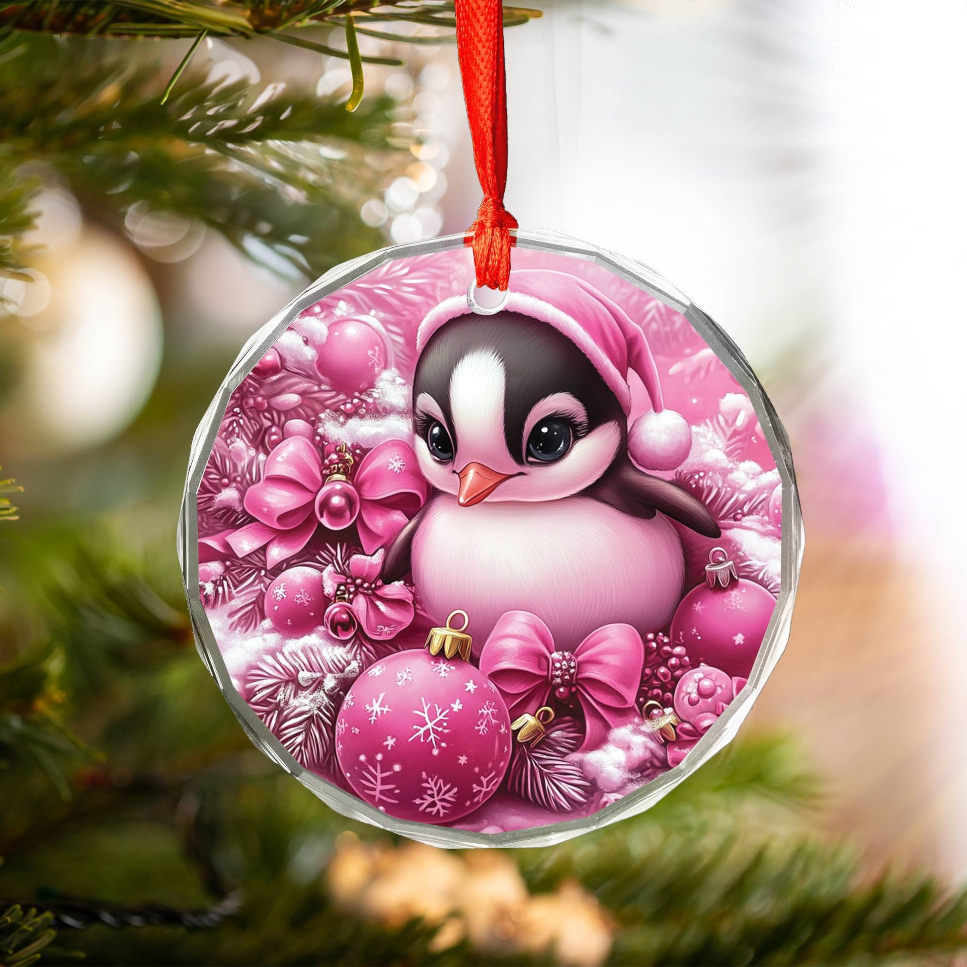 Penguin Pink Christmas Design 1 Glass Ornament