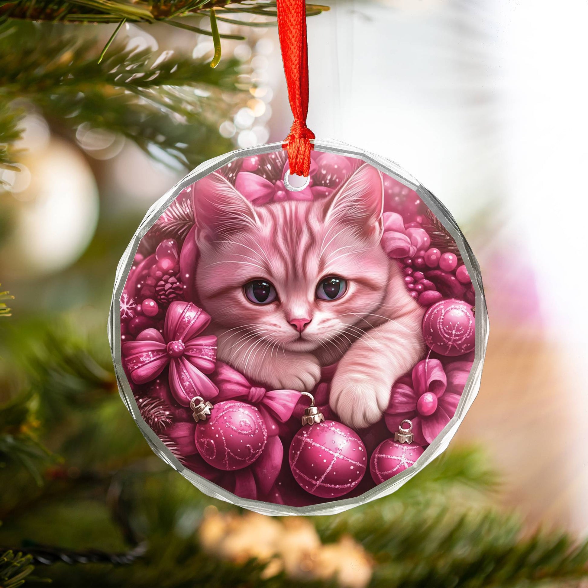 American Shorthair Pink Christmas Design 2 Glass Ornament