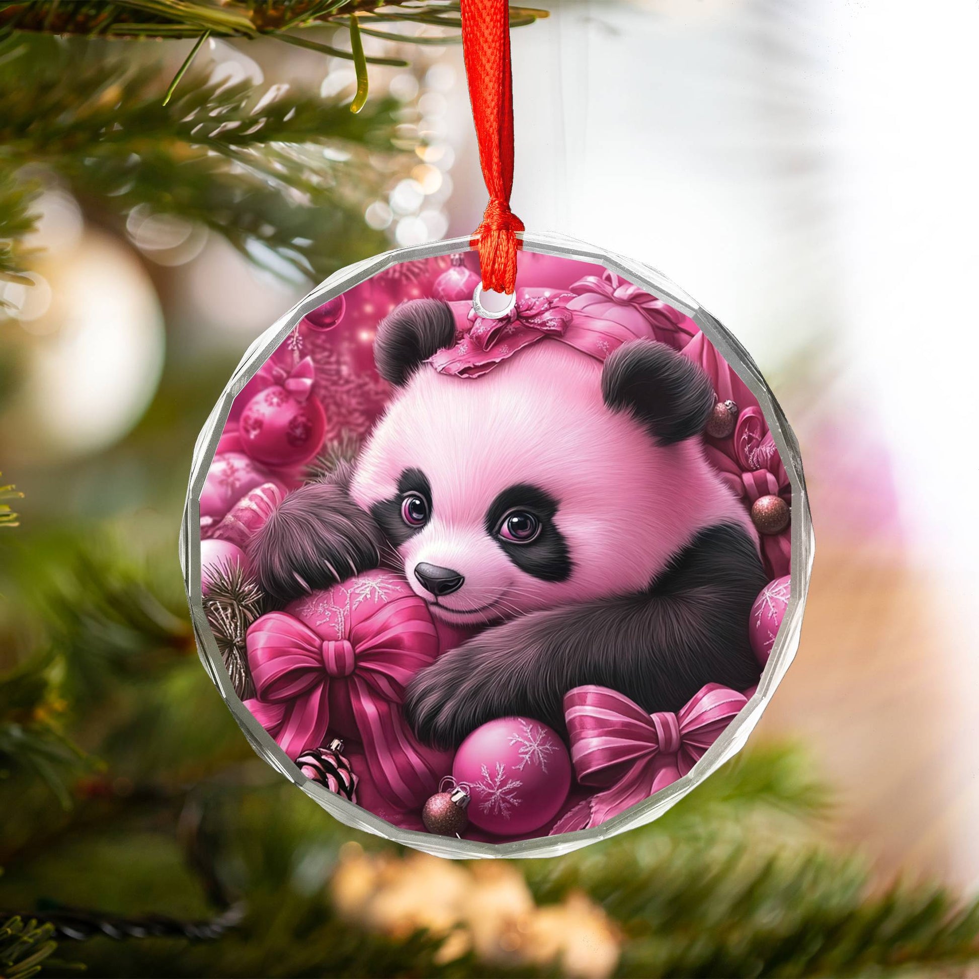 Panda Pink Christmas Design 3 Glass Ornament