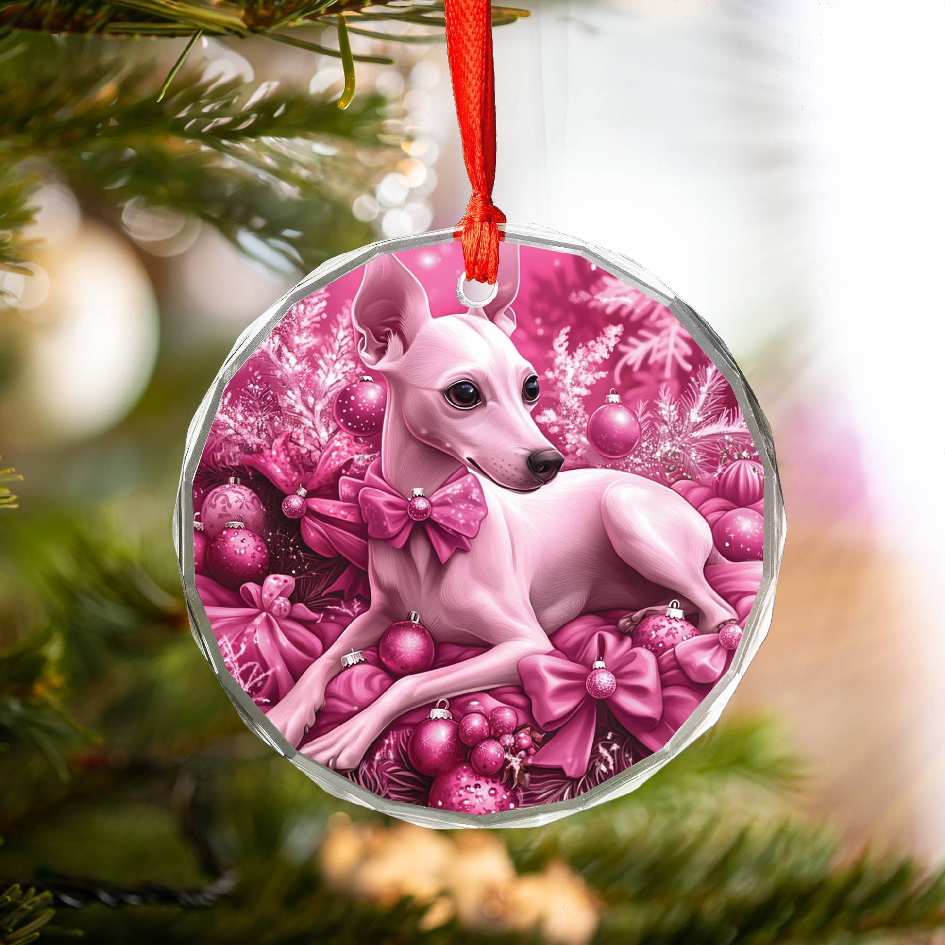 Whippet Dog Pink Christmas Design 2 Glass Ornament