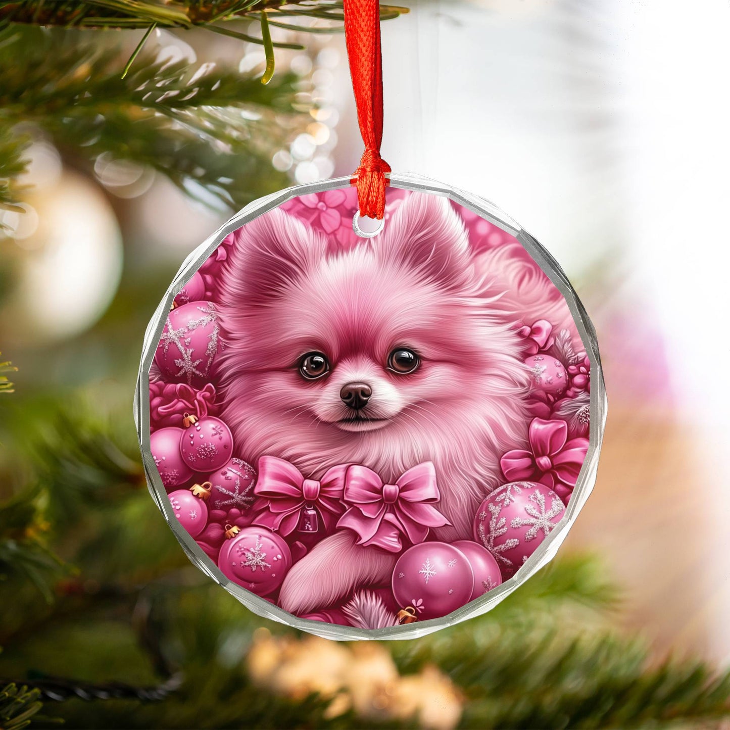 Pomeranian Dog Pink Christmas Design 1 Glass Ornament