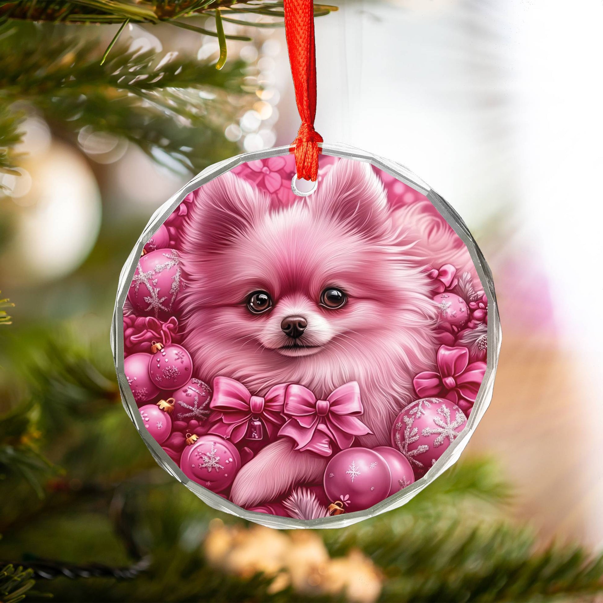 Pomeranian Dog Pink Christmas Design 1 Glass Ornament