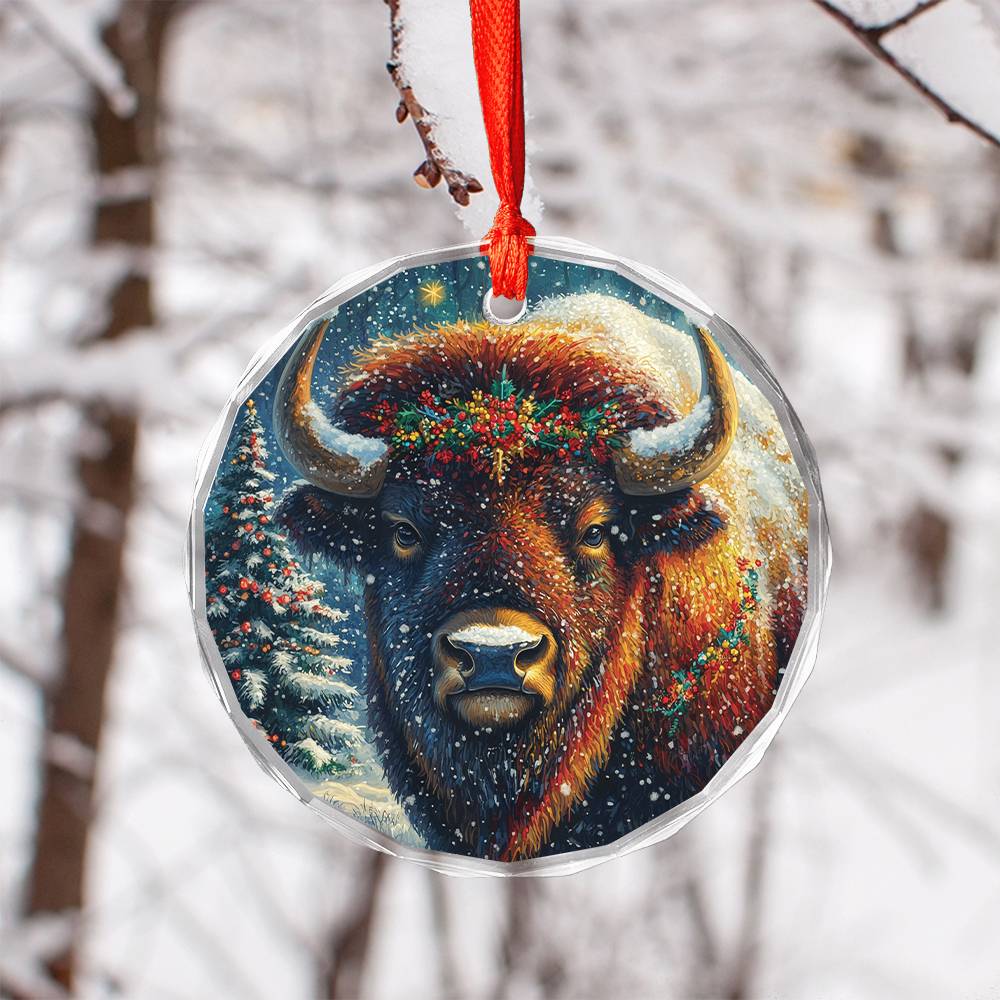 Beautiful Bison Christmas Night Design 3 Glass Ornament