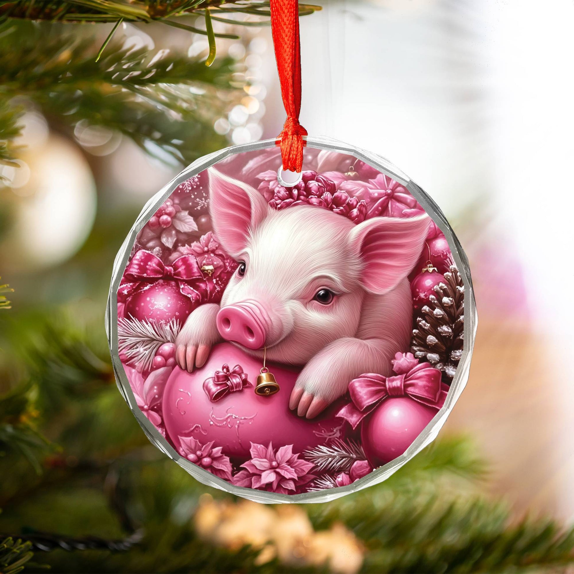 Pig Pink Christmas Design 4 Glass Ornament