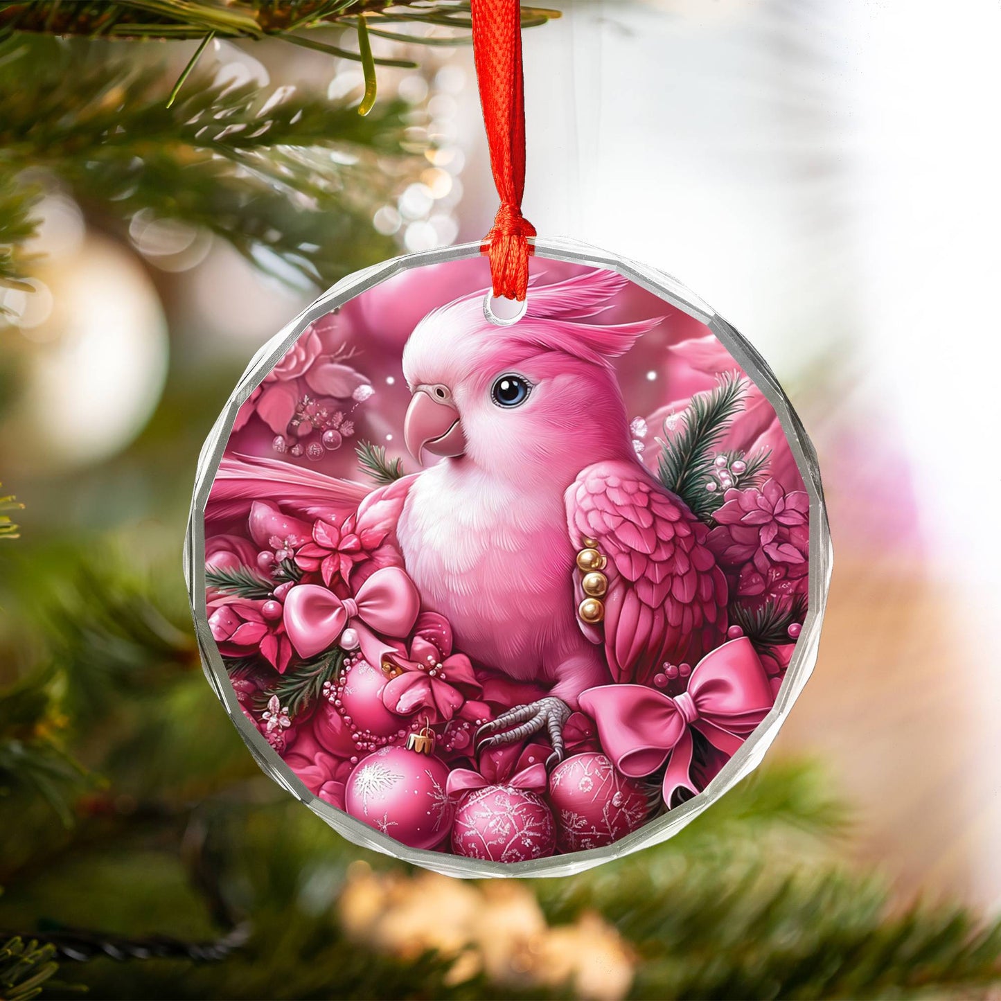 Parrot Pink Christmas Design 3 Glass Ornament