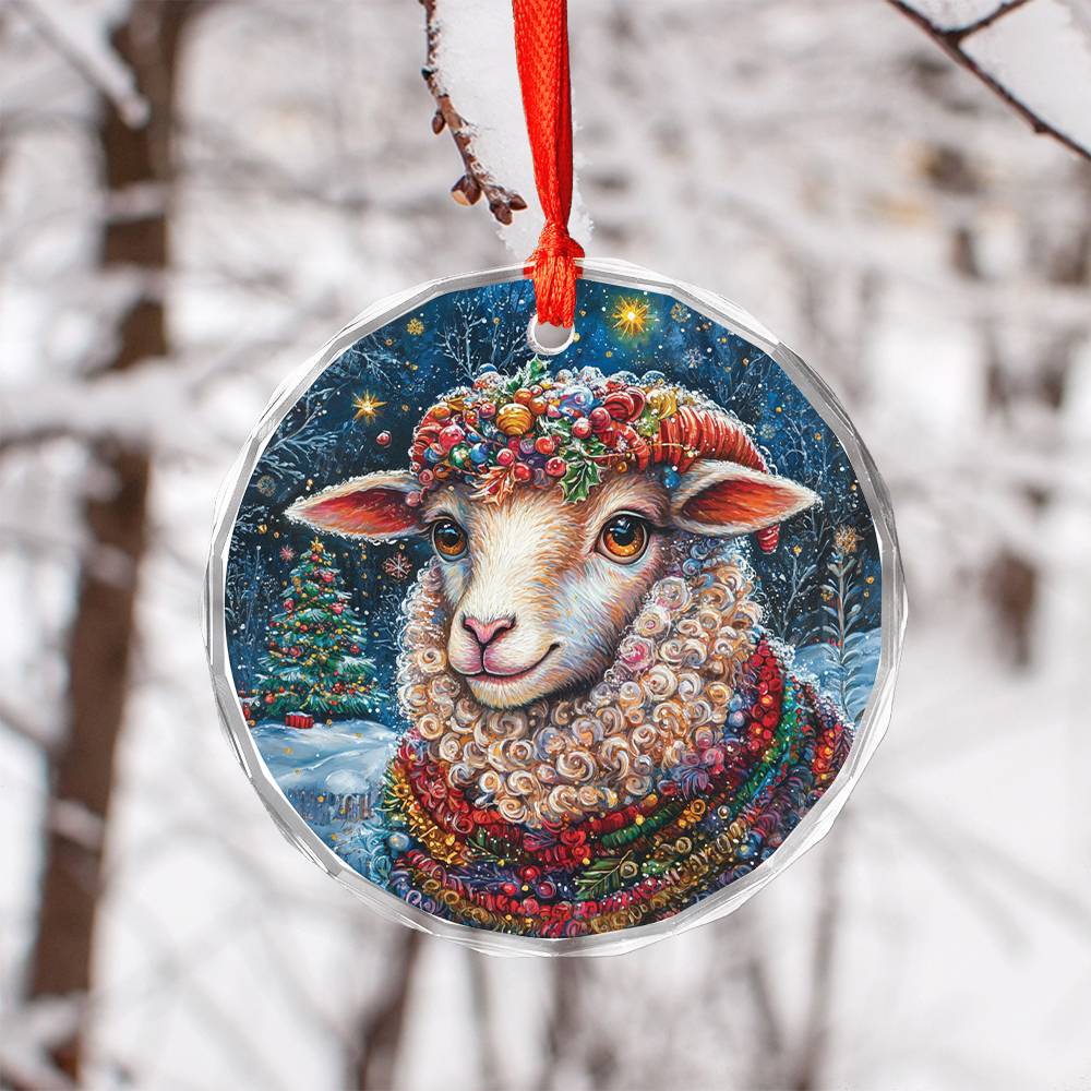 Beautiful Sheep Christmas Night Design 3 Glass Ornament