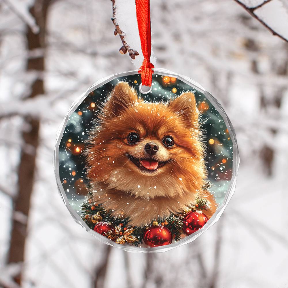 Beautiful Angus Pomeranian Dog Christmas Night Design 4 Glass Ornament