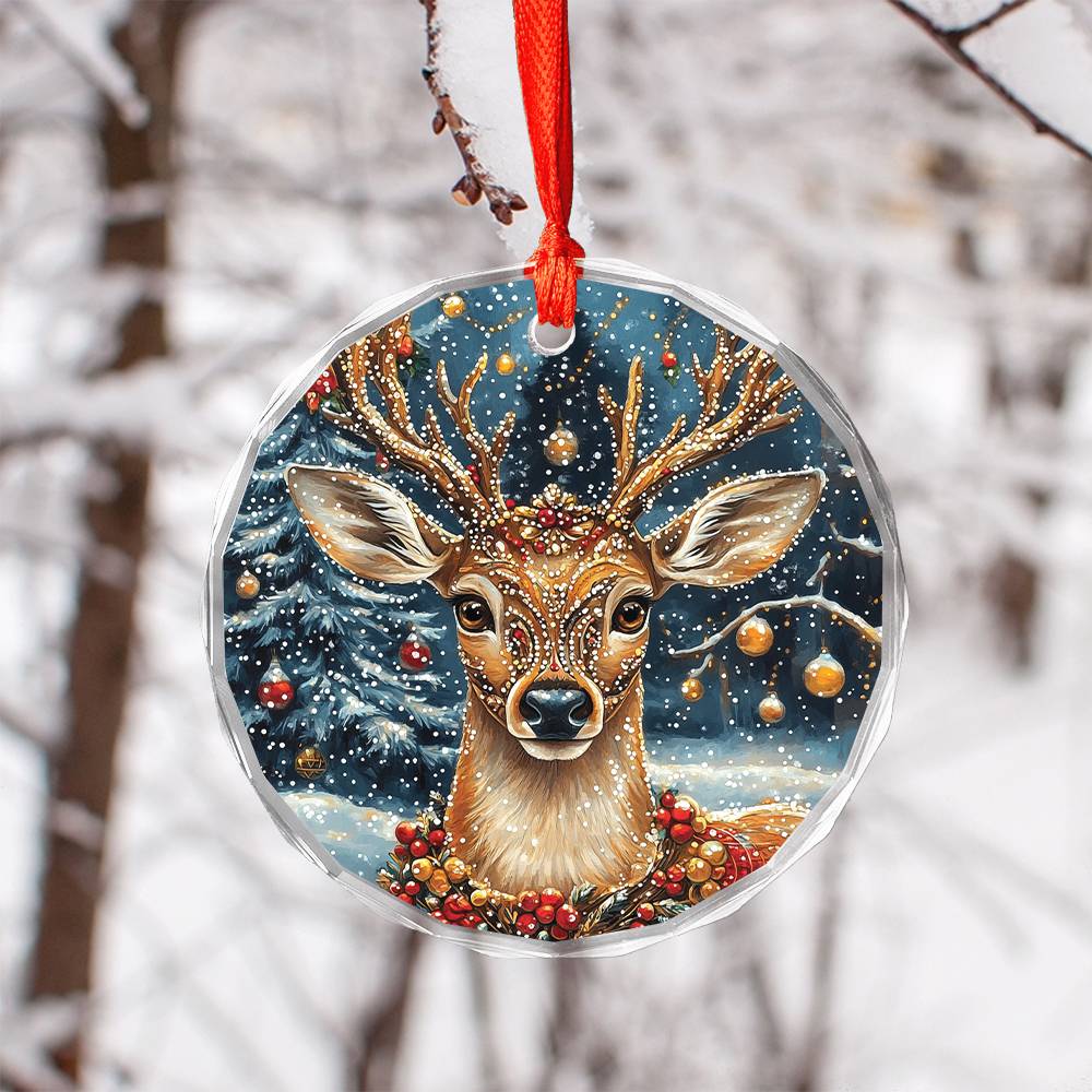 Beautiful Angus Deer Christmas Night Design 2 Glass Ornament