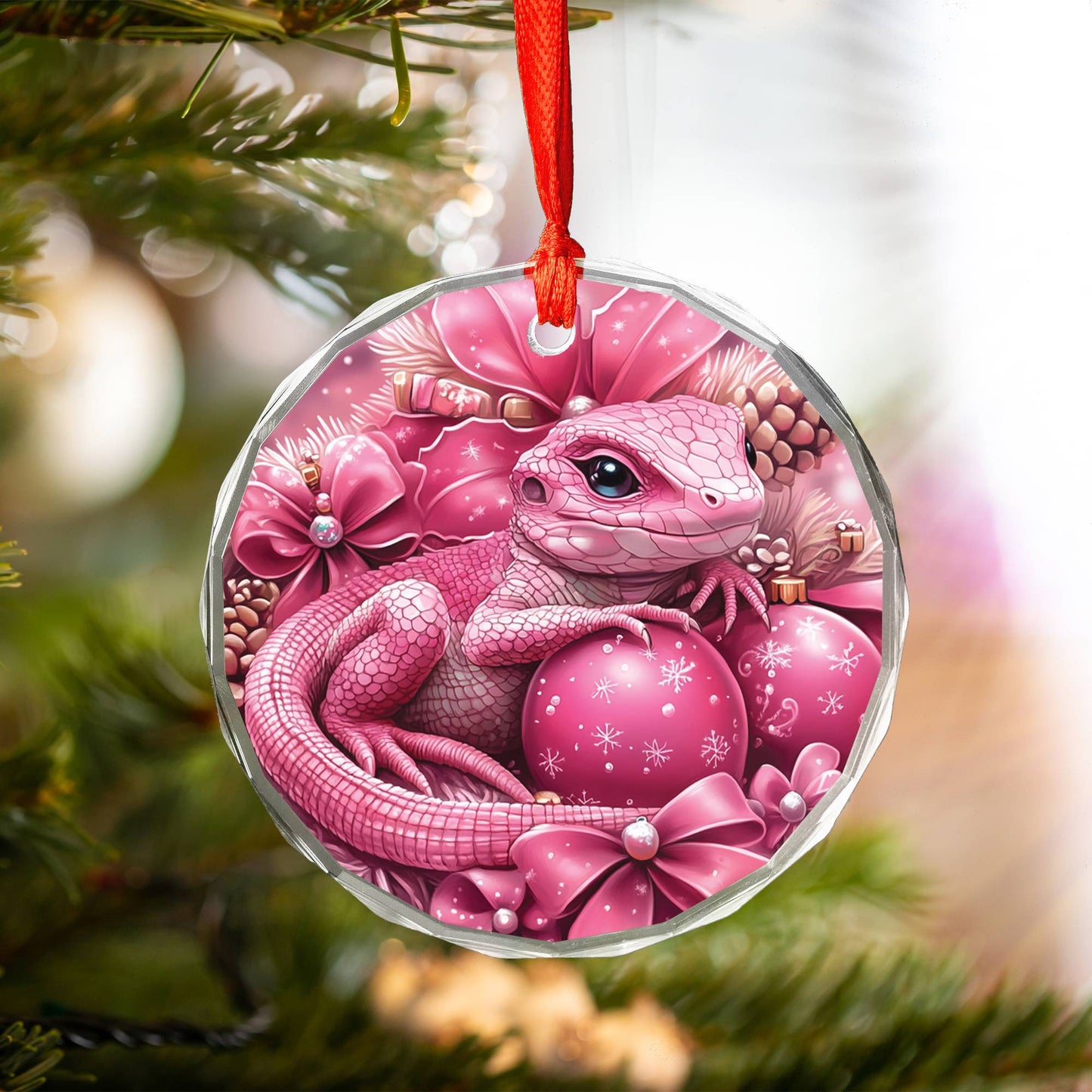 Lizard Pink Christmas Design 2 Glass Ornament
