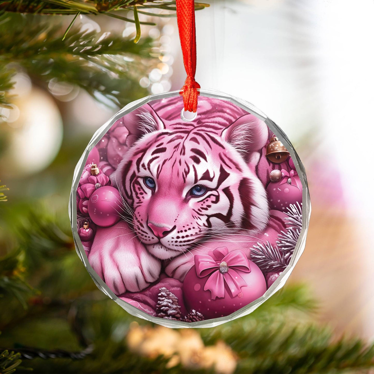 Tiger Pink Christmas Design 1 Glass Ornament