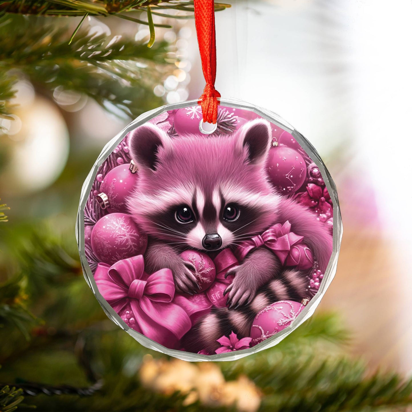 Racoon Pink Christmas Design 4 Glass Ornament