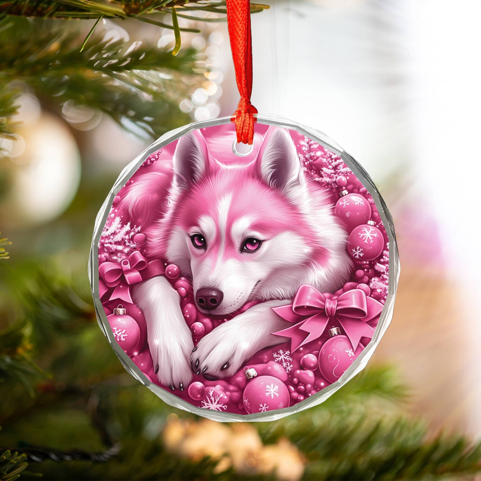 Siberian Huskie Dog Pink Christmas Design 1 Glass Ornament