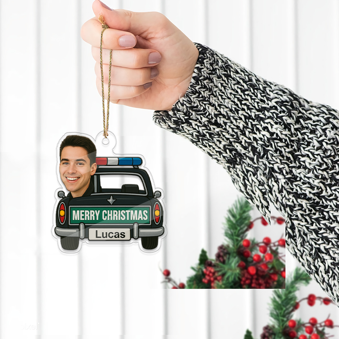 Custom Photo Funny Police Car Ornament, Personalized Acrylic Photo Ornament, Custom Kid Face Car Toys