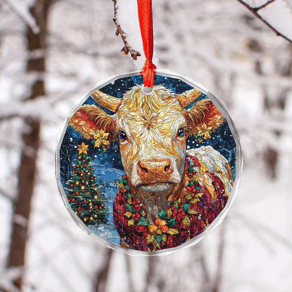 Beautiful Hereford Cow Christmas Night Design 2 Glass Ornament