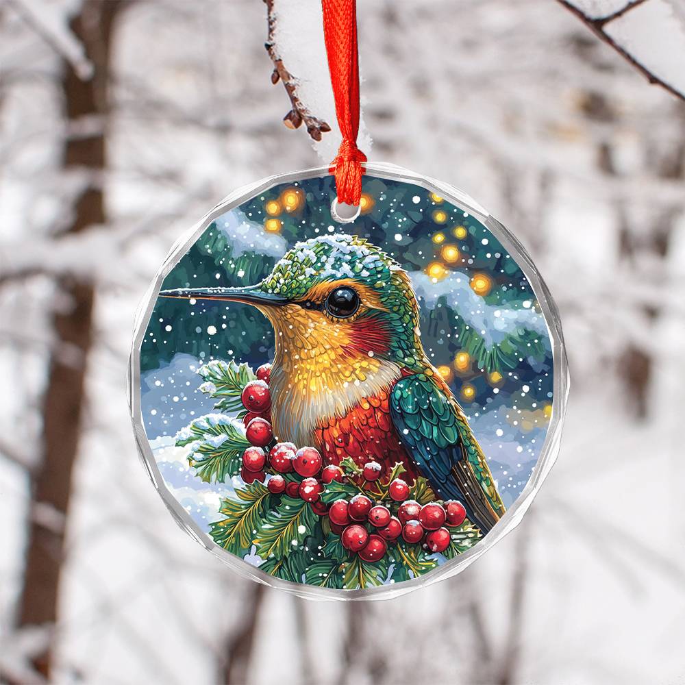 Beautiful Hummingbird Christmas Night Design 4 Glass Ornament