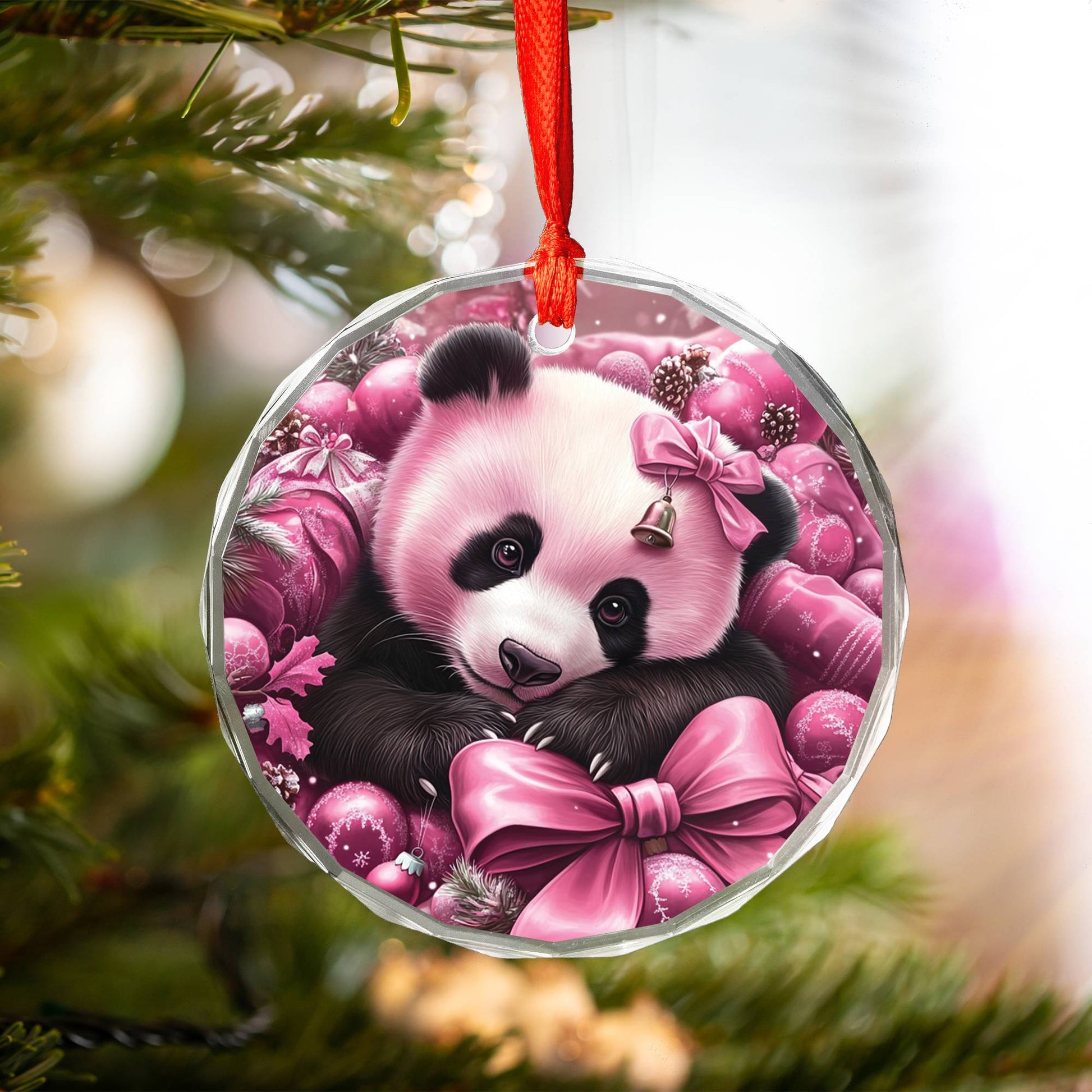 Panda Pink Christmas Design 2 Glass Ornament