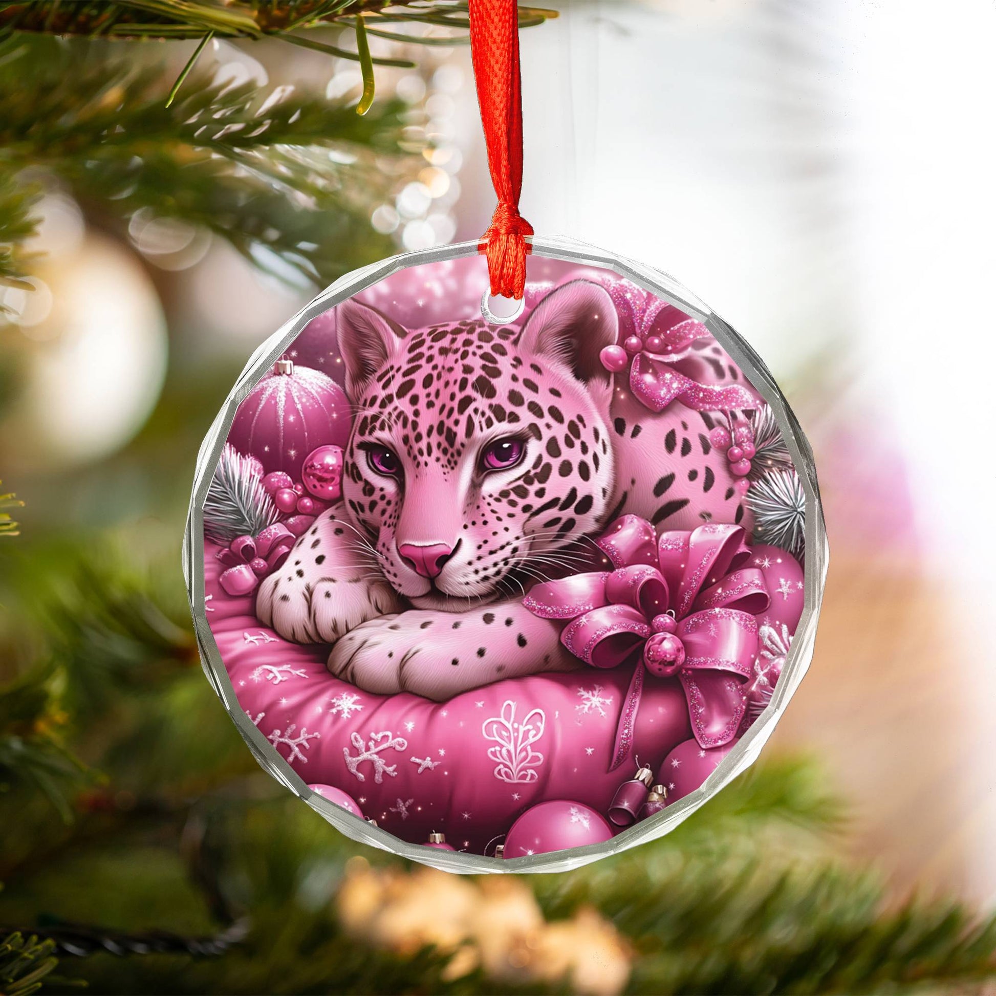 Jaguar Pink Christmas Design 3 Glass Ornament