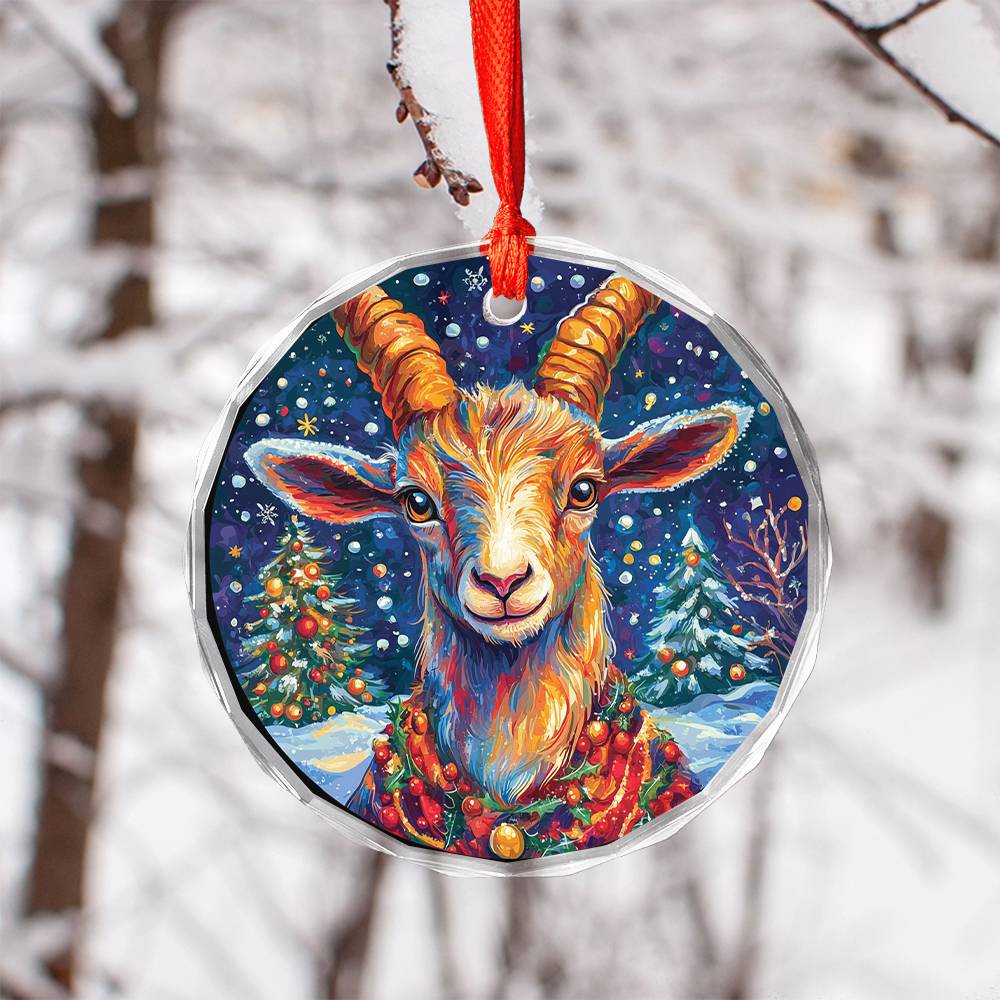 Beautiful Goat Christmas Night Design 2 Glass Ornament