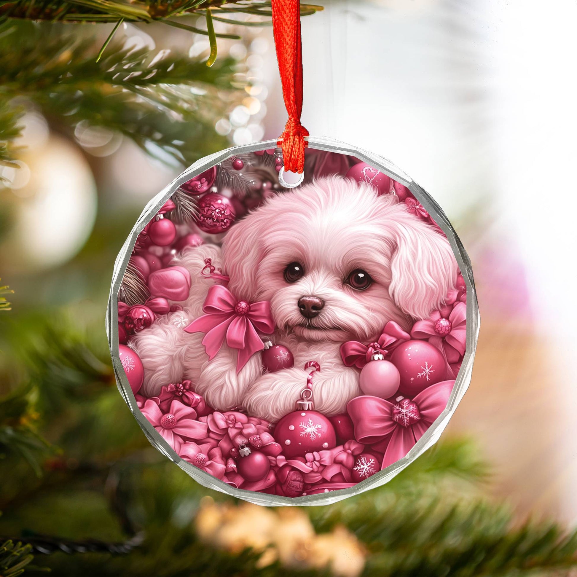 Bichon Frise Dog Pink Christmas Design 2 Glass Ornament