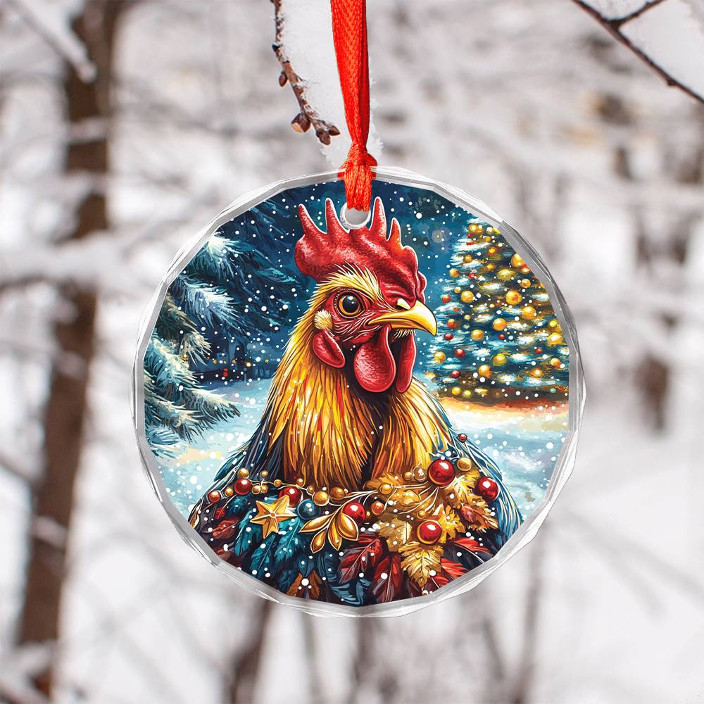 Beautiful Rooster Christmas Night Design 4 Glass Ornament