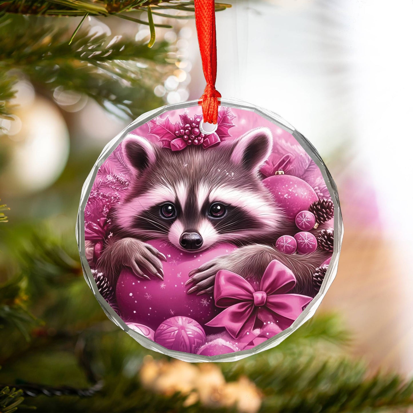 Racoon Pink Christmas Design 3 Glass Ornament