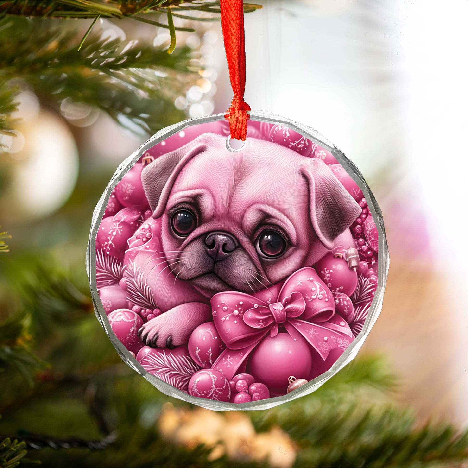 Pug Dog Pink Christmas Design 1 Glass Ornament