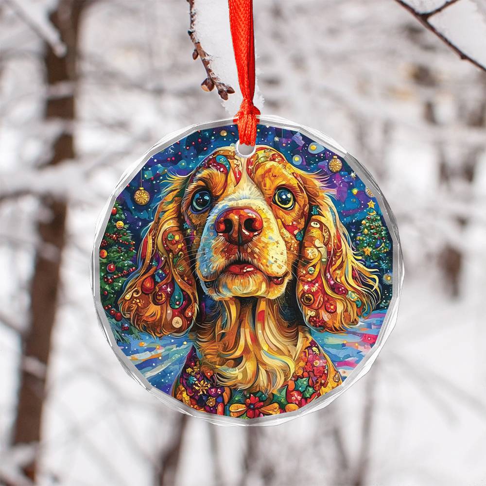 Beautiful English Cocker Spaniel Dog Christmas Night Design 3 Glass Ornament