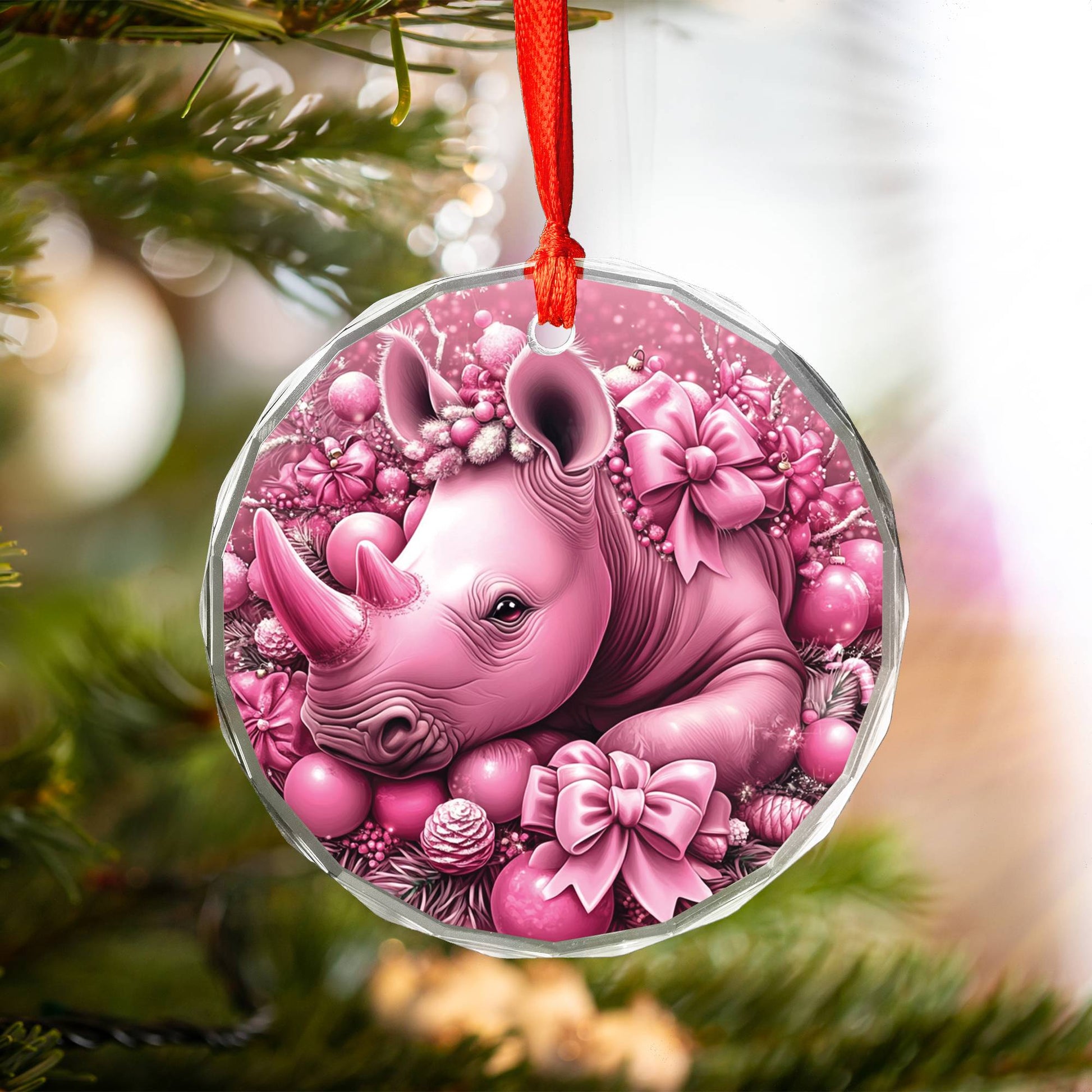 Rhino Pink Christmas Design 2 Glass Ornament