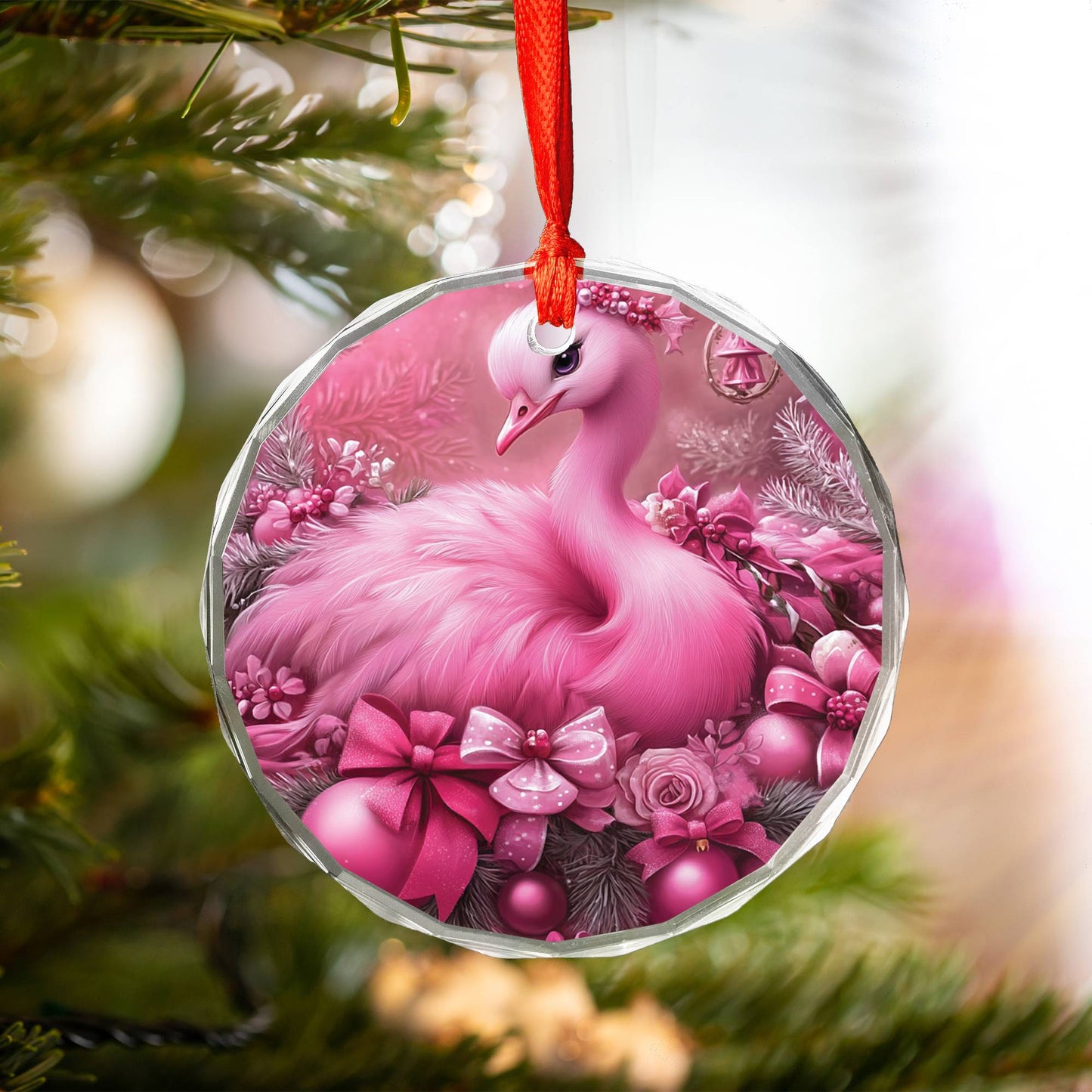 Ostrich Pink Christmas Design 2 Glass Ornament