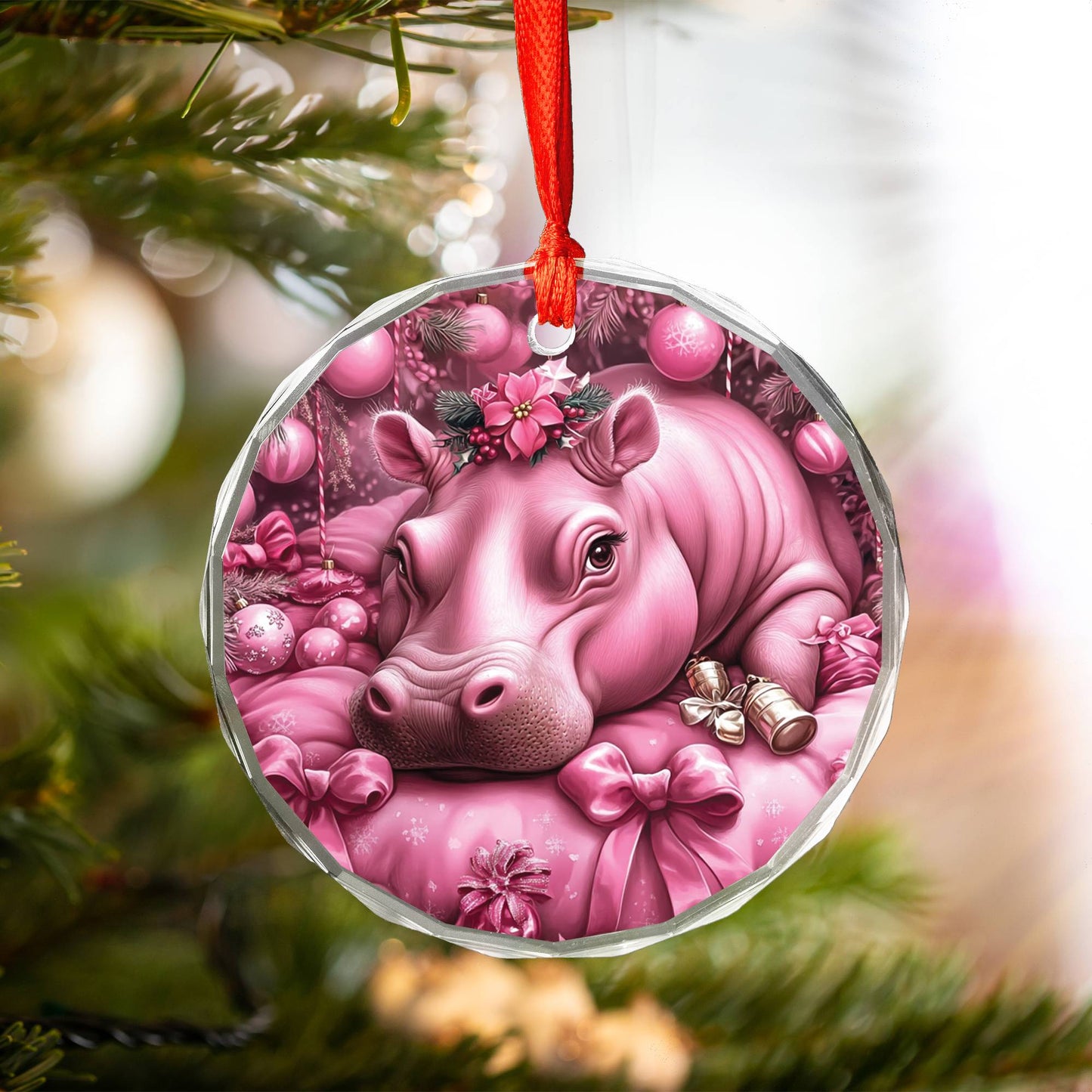 Hippo Pink Christmas Design 3 Glass Ornament