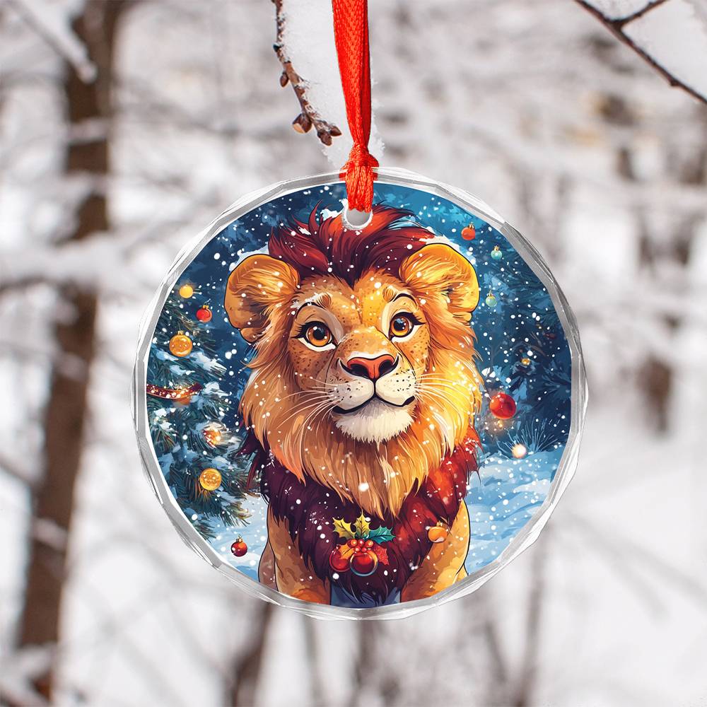 Beautiful Lion Christmas Night Design 4 Glass Ornament