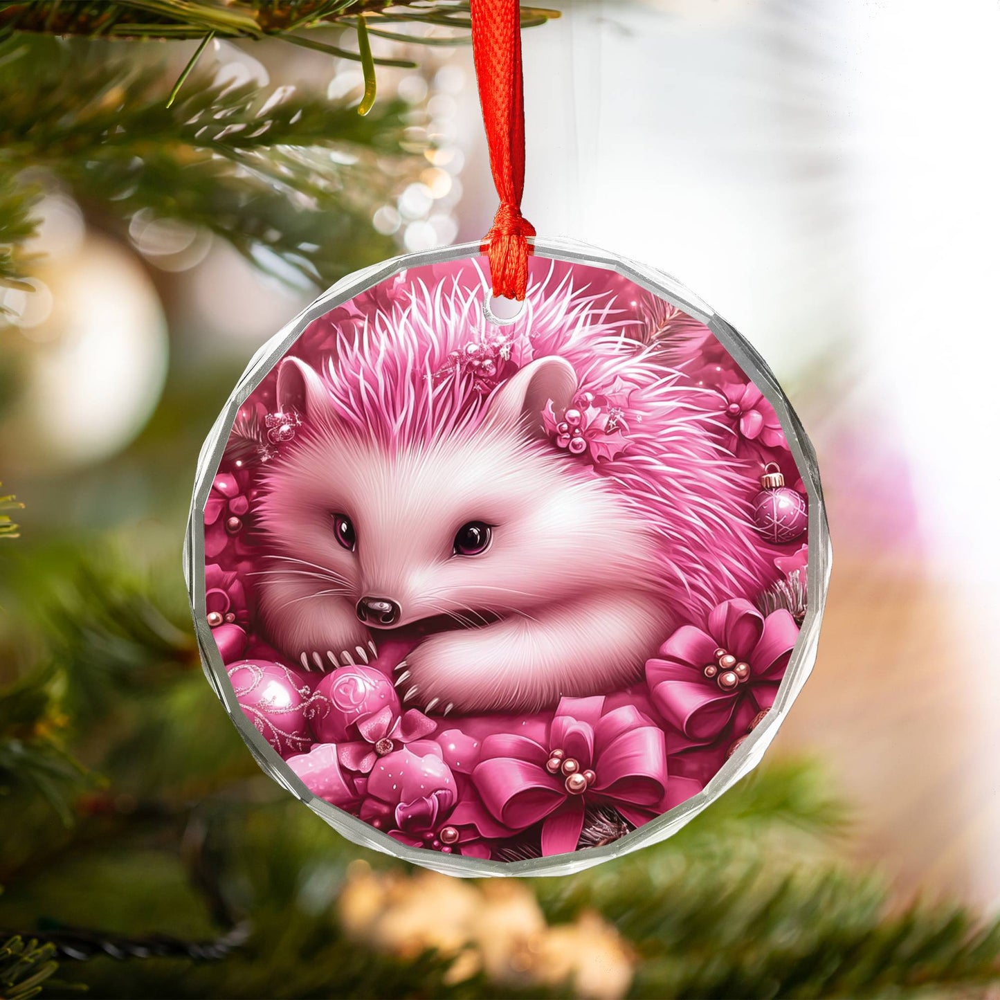 Hedgehog Pink Christmas Design 1 Glass Ornament