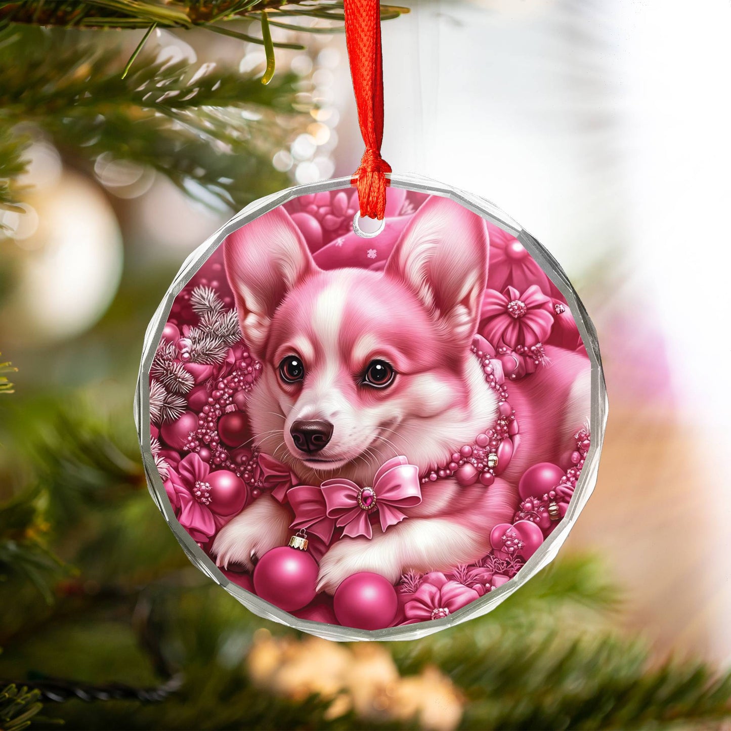 Pembroke Welsh Corgi Dog Pink Christmas Design 4 Glass Ornament