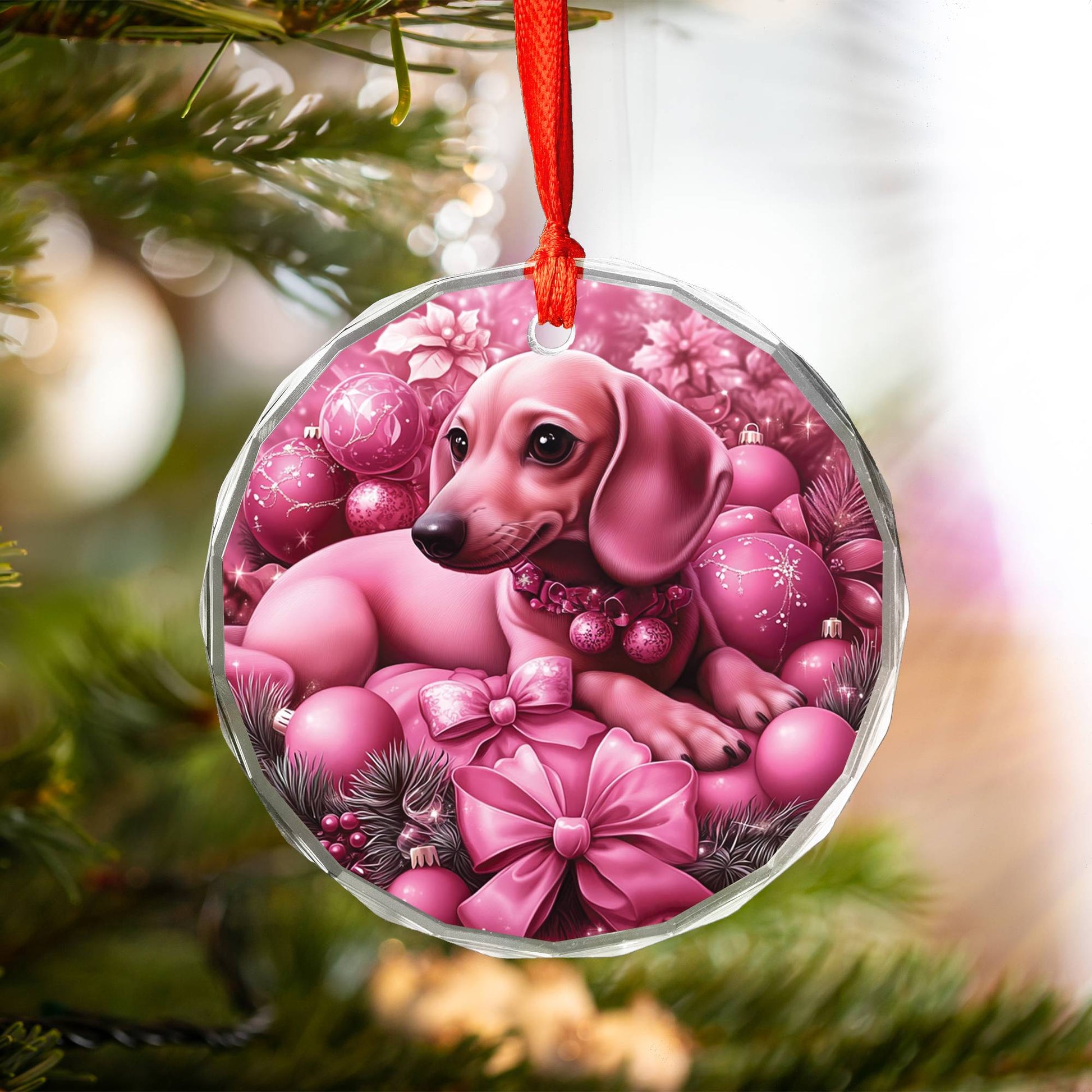Dachshund Dog Pink Christmas Design 2 Glass Ornament