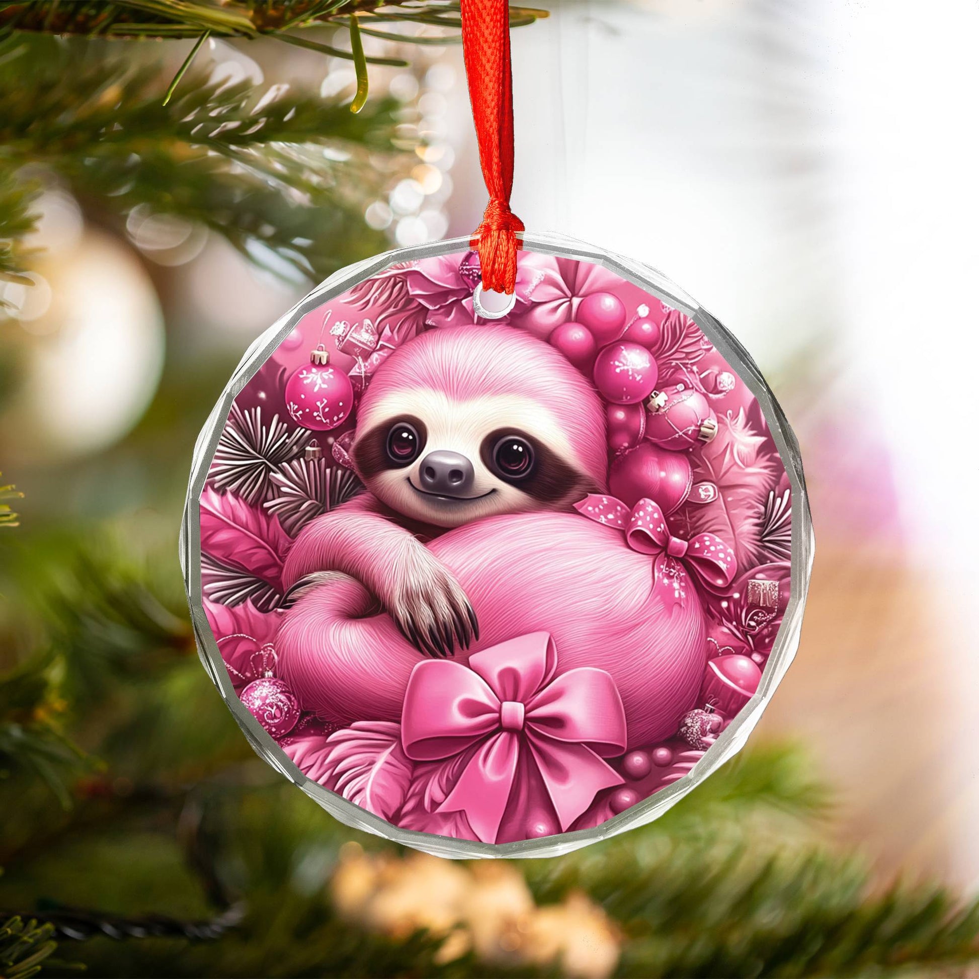 Sloth Pink Christmas Design 1 Glass Ornament