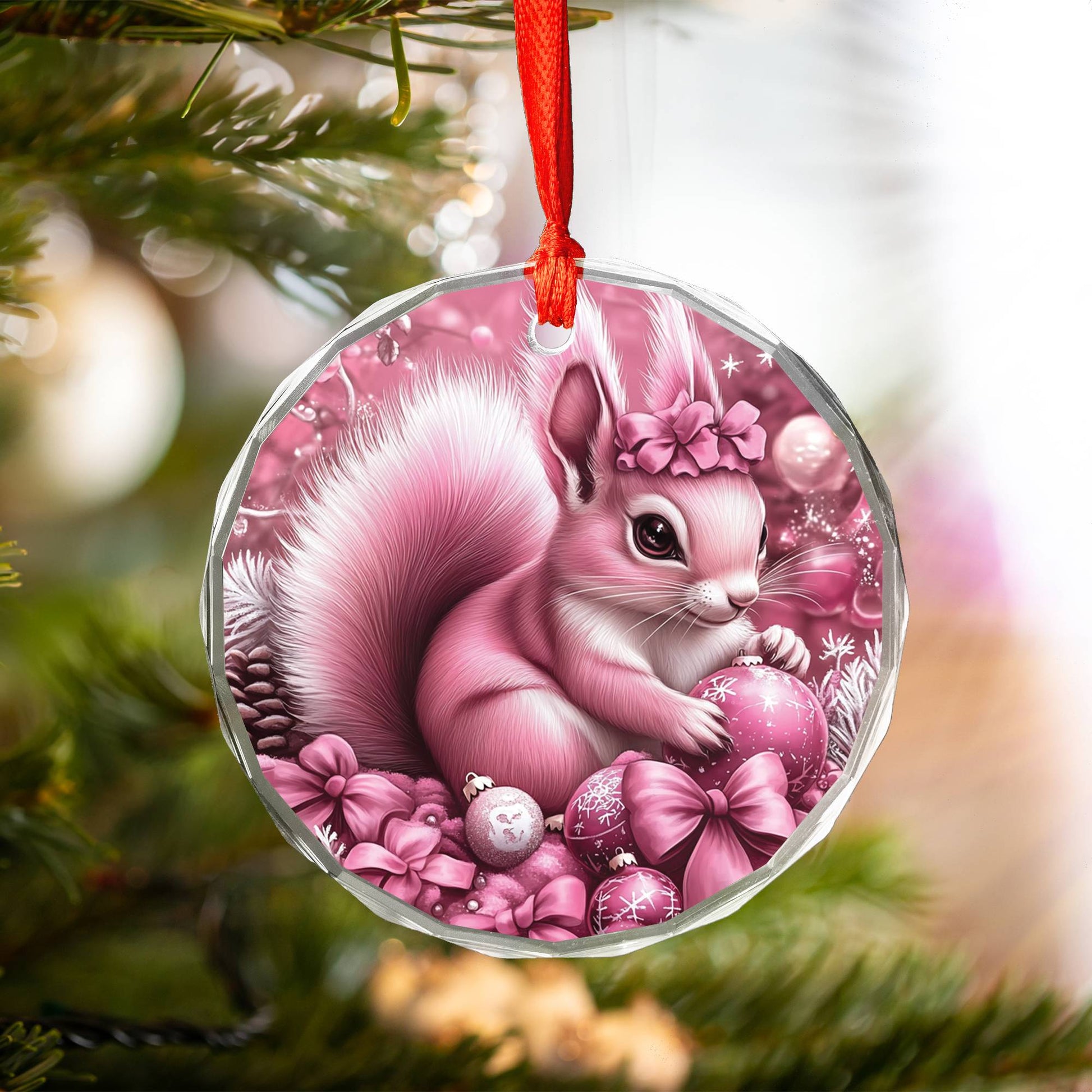 Squirrel Pink Christmas Design 1 Glass Ornament
