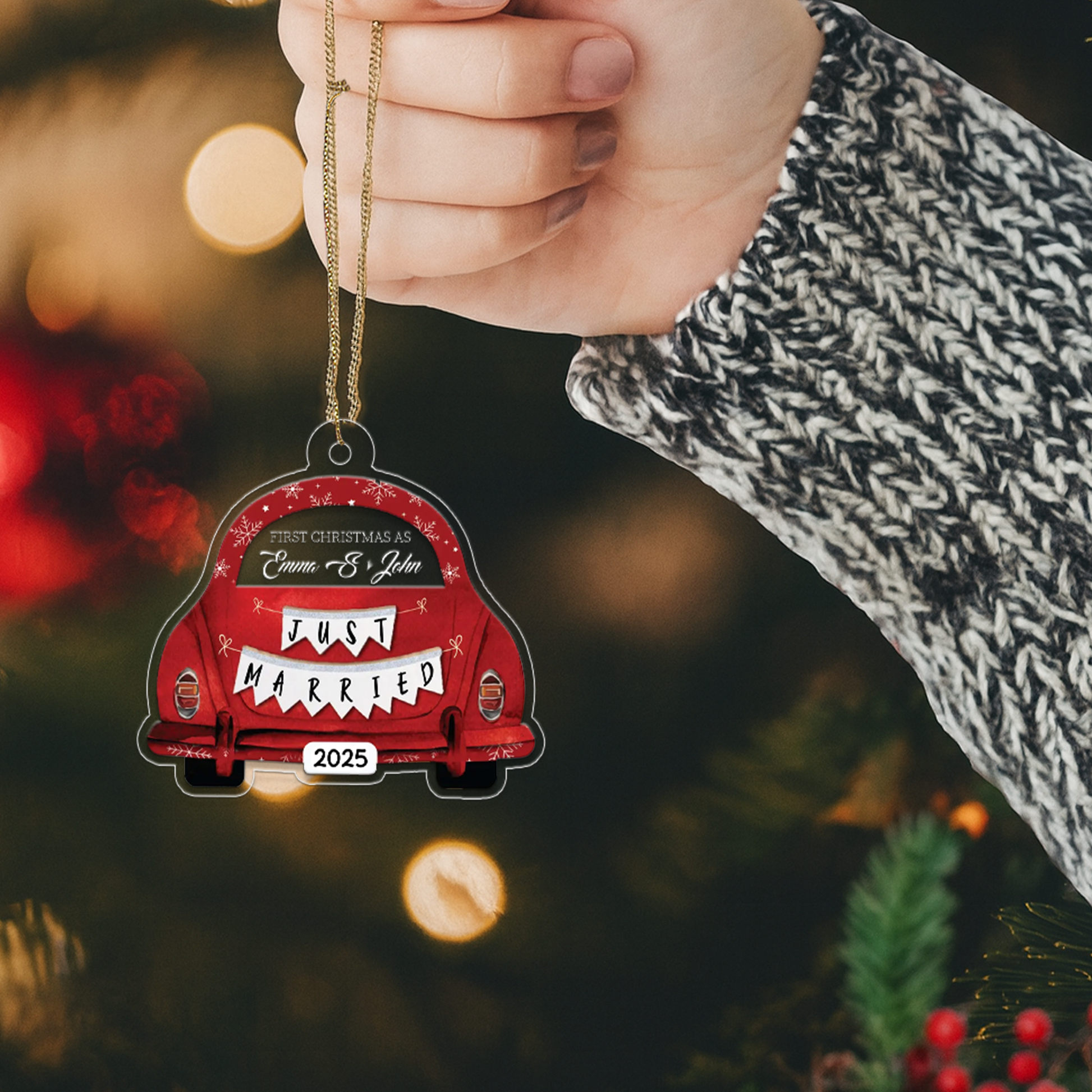 Custom Name Couple Just Merried Xmas Car