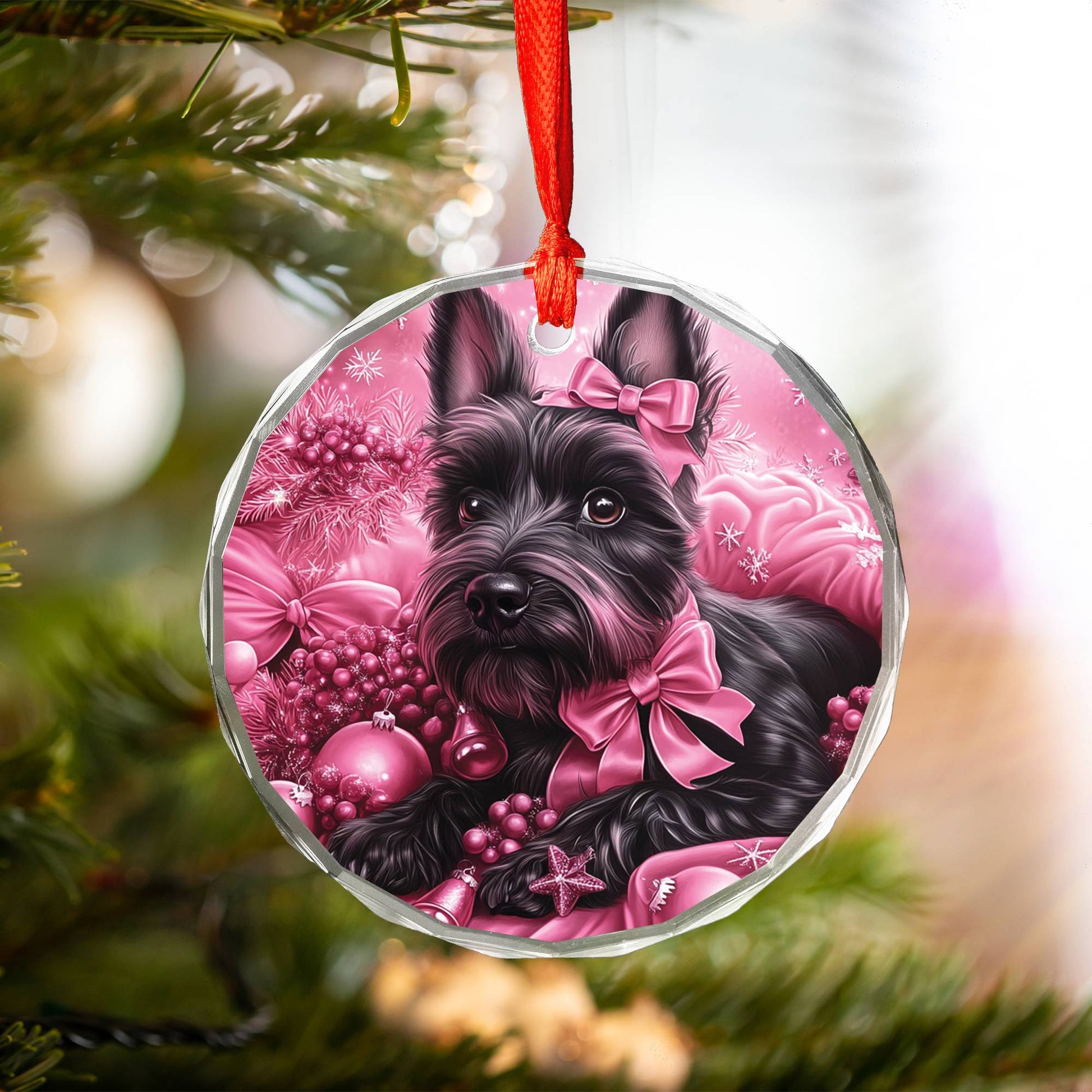 Scottish Terrier Dog Pink Christmas Design 1 Glass Ornament