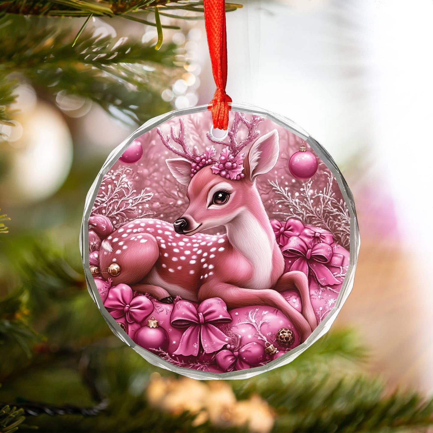 Deer Pink Christmas Design 4 Glass Ornament