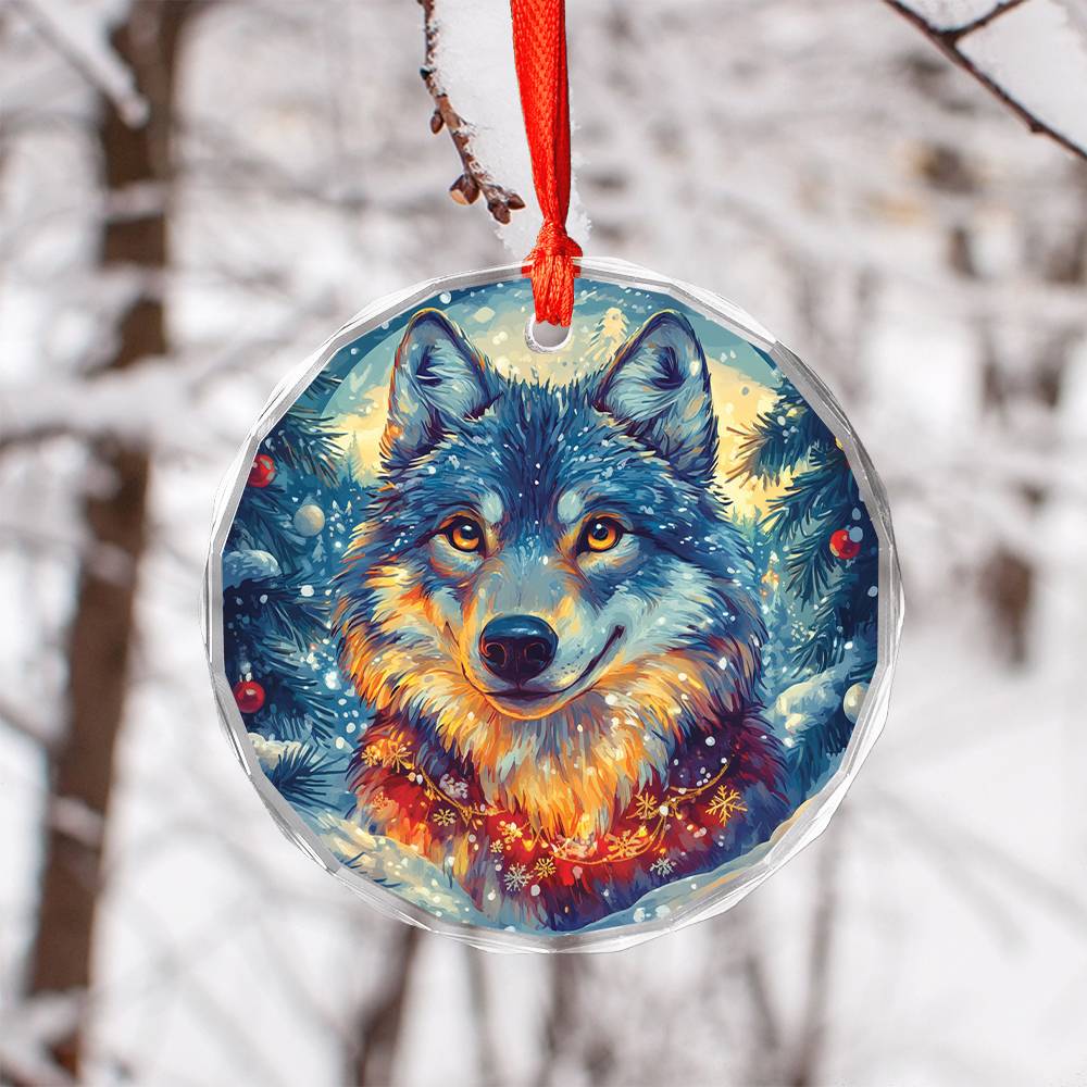 Beautiful Angus Wolf Christmas Night Design 2 Glass Ornament