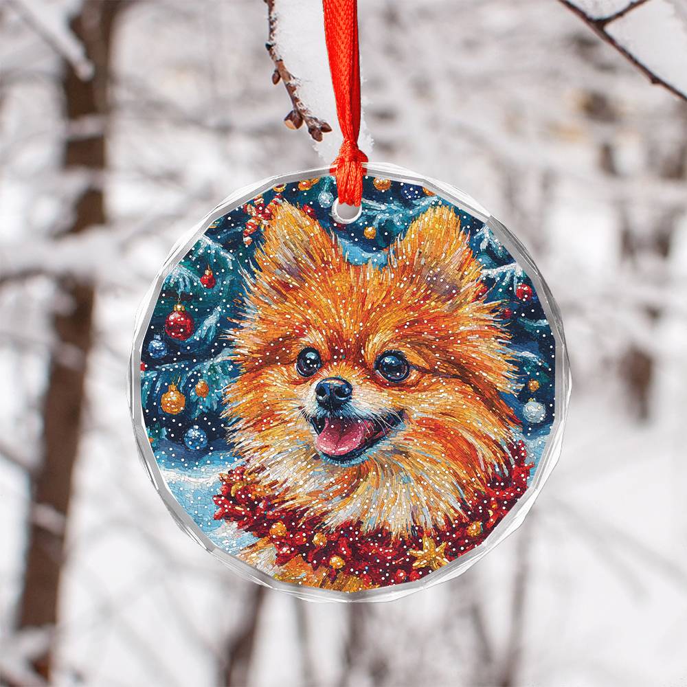 Beautiful Angus Pomeranian Dog Christmas Night Design 2 Glass Ornament