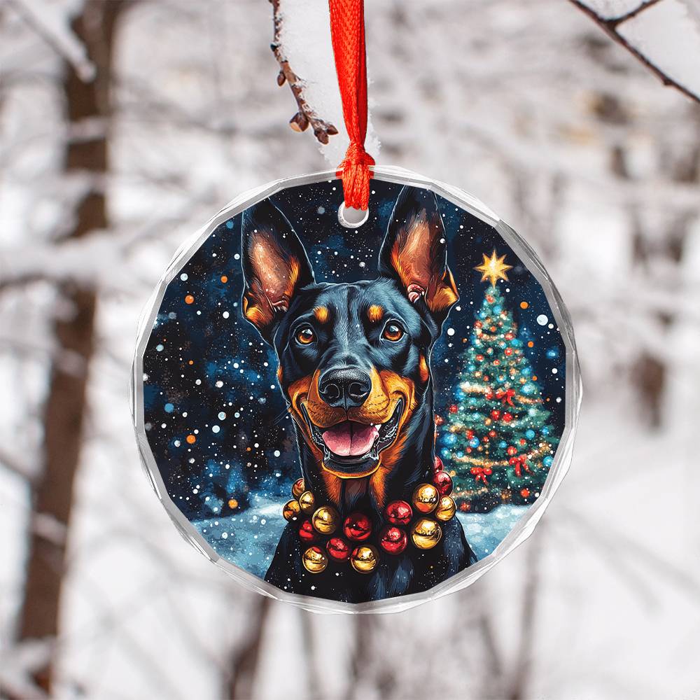 Beautiful Angus Doberman Pinscher Dog Christmas Night Design 4 Glass Ornament