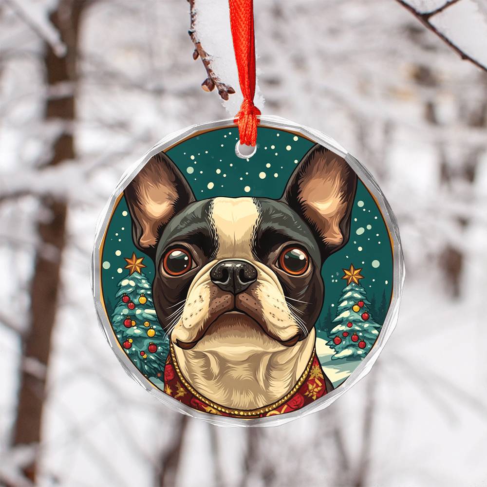 Beautiful Boston Terrier Dog Christmas Night Design 4 Glass Ornament