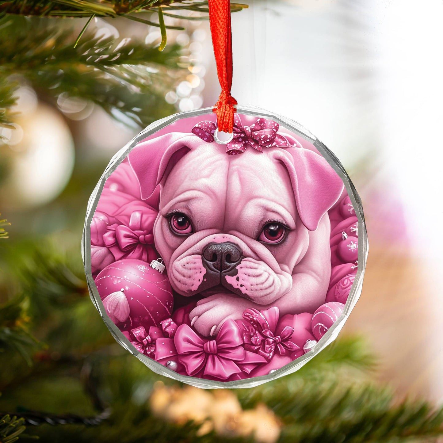 Bulldog Pink Christmas Design 3 Glass Ornament