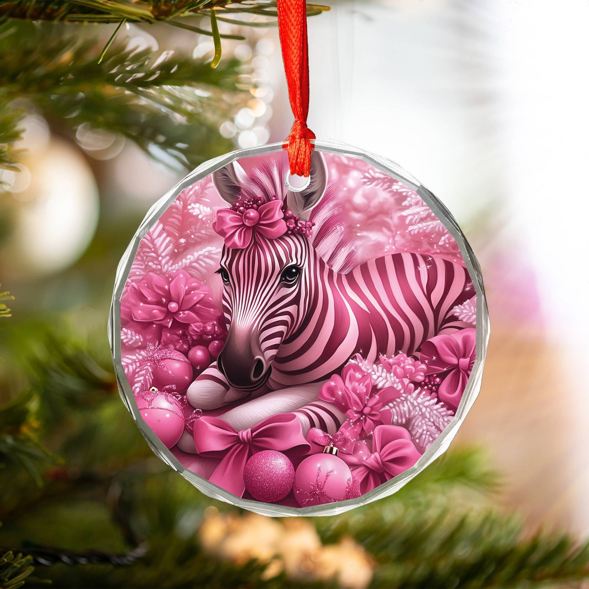 Zebra Pink Christmas Design 1 Glass Ornament